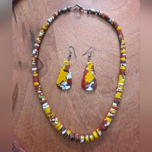 Vintage Compressed Shells & Stones Beaded Necklace Slab Earring Set Southwestern
